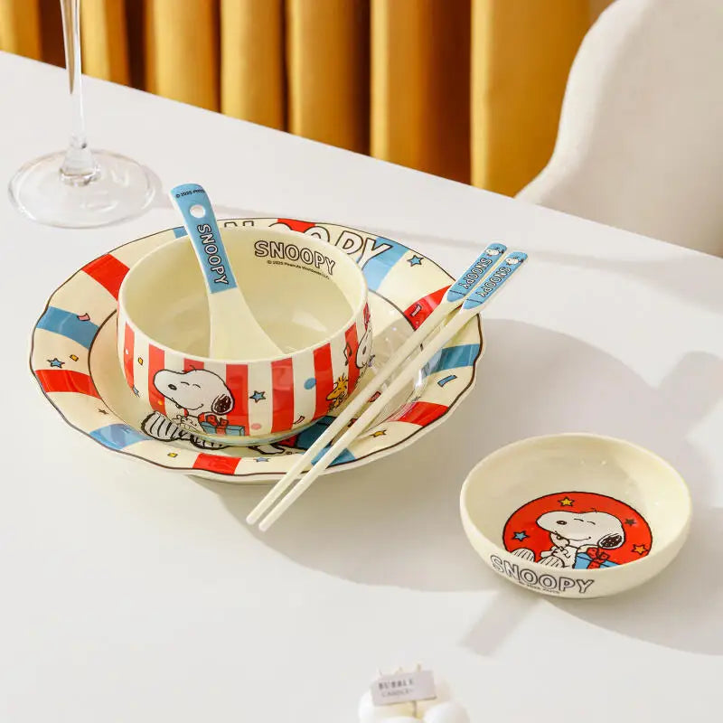 Kawaii Cartoon Anime Snoopy Ceramic Tableware Set Fruit Plate Rice Bowl Seasoning Dish Table Spoon and Chopsticks Birthday gift