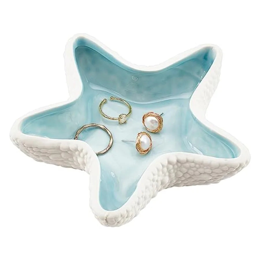 Starfish Shape Ceramic Jewelry Tray, Aqua Shell Trinket Dish Ceramic Ring Earring Holder Ocean-themed Decorative Trinket Plate