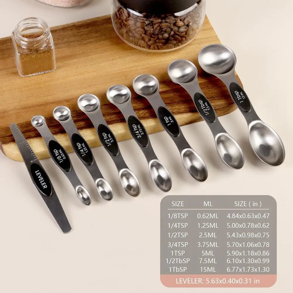 Pack o 8 StainlSteel Magnetic Measuring Spoons Set, Dual Sided, Stackable, Adjustable Teaspoon and Tablespoon Measure Spoon with