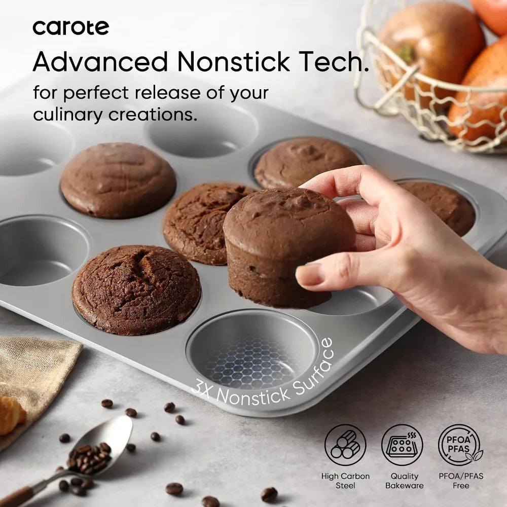 7-Piece Nonstick Baking Pans Set - Stackable Bakeware with Cookie Sheet, Muffin Pan, Loaf Pan, Cake Pan, Roasting Pan, Gray & Blue
