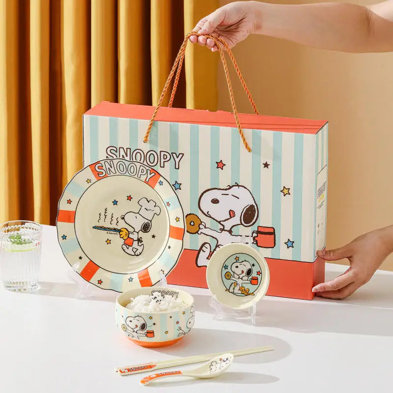 Kawaii Cartoon Anime Snoopy Ceramic Tableware Set Fruit Plate Rice Bowl Seasoning Dish Table Spoon and Chopsticks Birthday gift