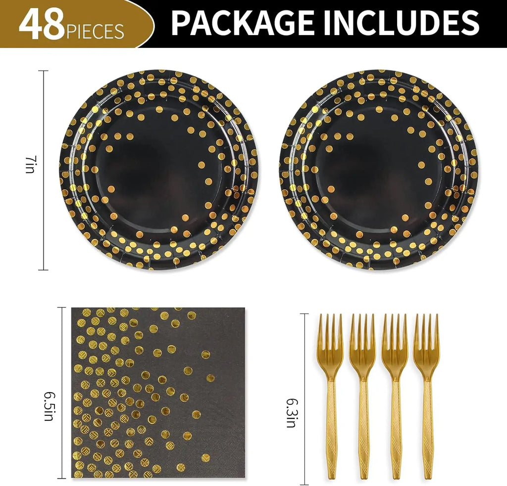48PCS Black and Gold Plates and Napkins Party Supplies, Gold Dot Disposable Paper Plates and Napkins with Forks Tableware Set for Birthday Wedding Retirement Graduation Party Decorations 16 Guests