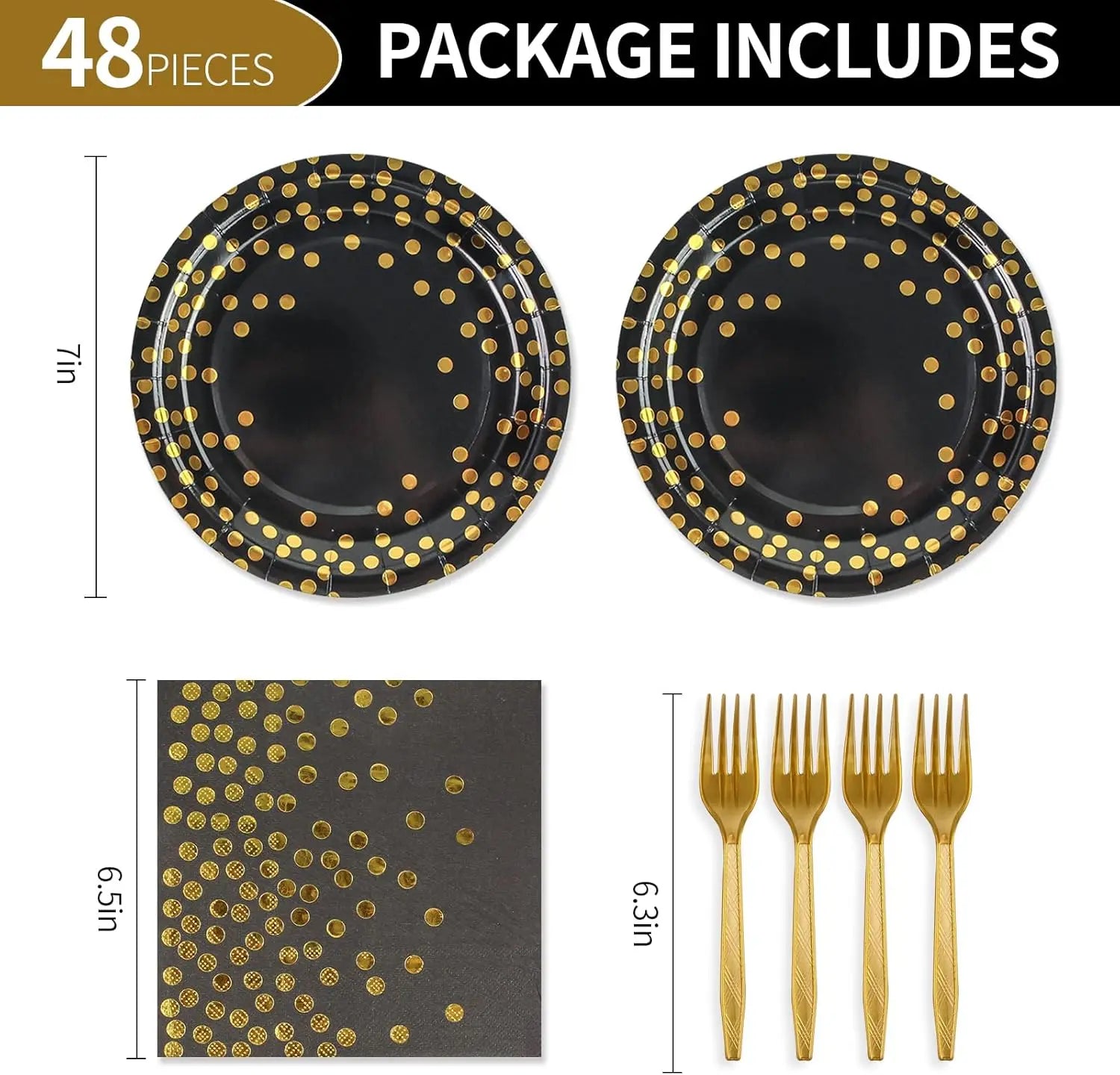 48PCS Black and Gold Plates and Napkins Party Supplies, Gold Dot Disposable Paper Plates and Napkins with Forks Tableware Set for Birthday Wedding Retirement Graduation Party Decorations 16 Guests
