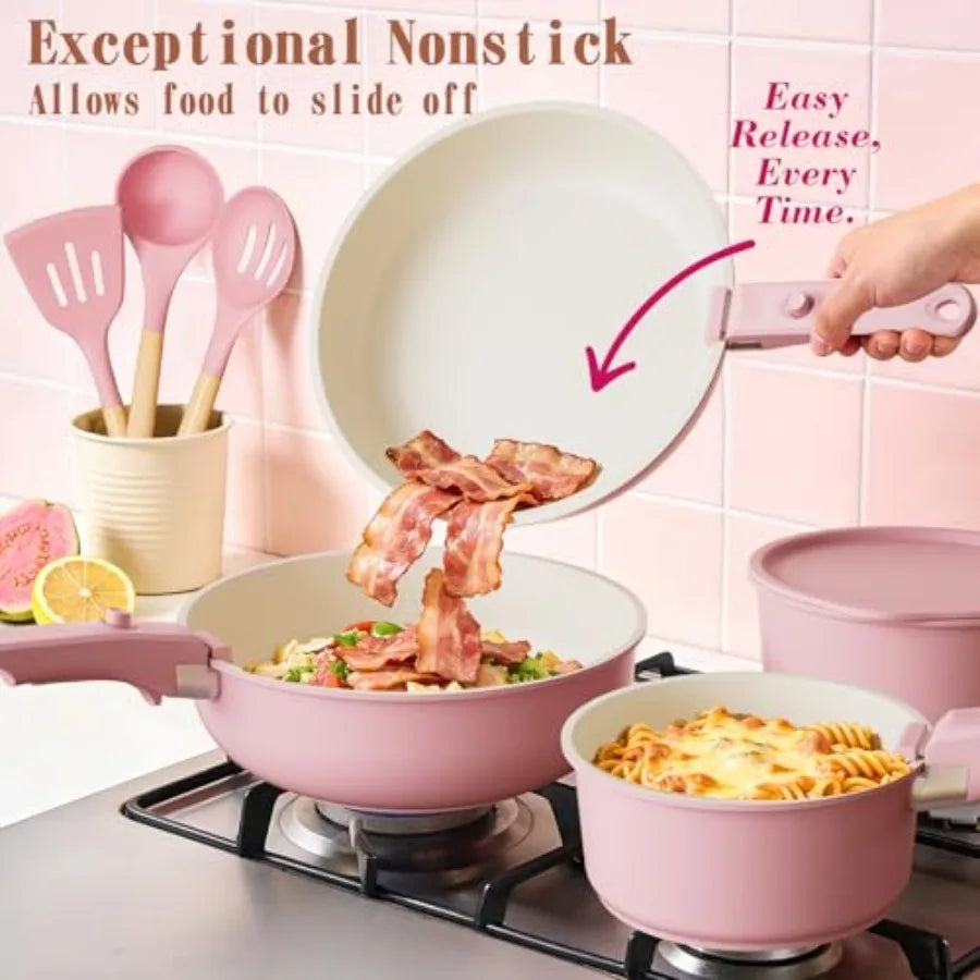 Pots and Pans Set Non Stick 21 pcs Nonstick Ceramic Cookware Set RV Kitchen Cooking Set with Detachable Handles Oven Safe Induc