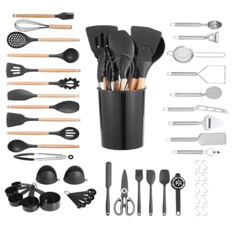 Kitchen Cooking Utensils Set 50 PCS Silicone Spatula Set with Holder 428°F Heat Resistant Gadget Spoons Tools Wooden Handle Hom