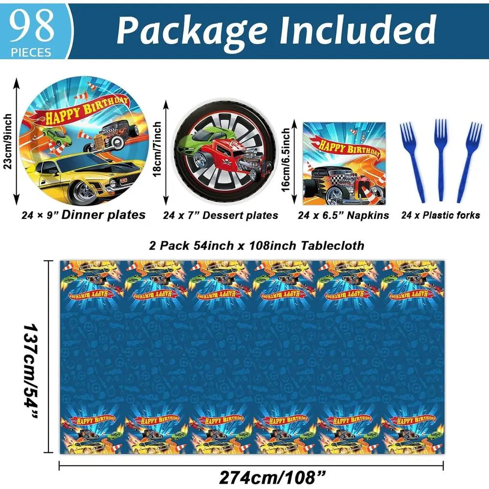 98 Pieces Racing Car Party Decorations for 24 Guests Hot Car Tableware Set Racing Car Plates Napkins Tablecloth Party Supplies K
