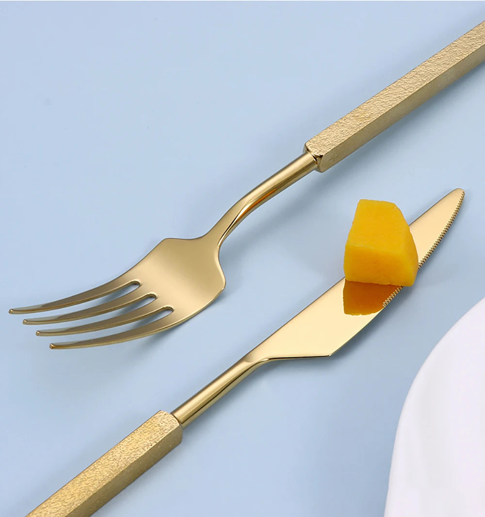 4/6/12/16/24Pcs Sliver Tableware Stainless Steel 304 Cutlery Set Western Cube Handle Dinner Set Mirror Gold Knife Fork Spoon