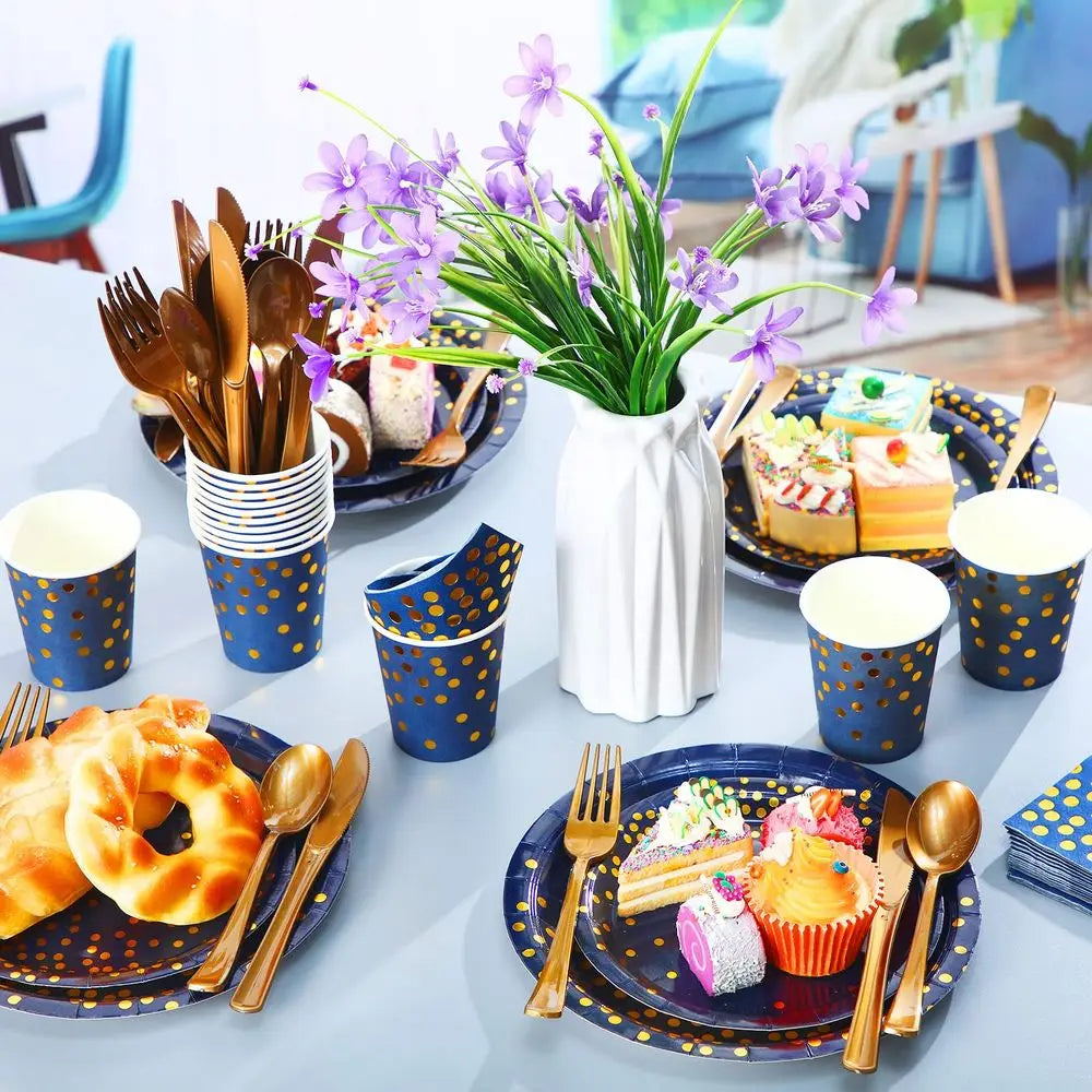 560 Pcs Navy Blue and Gold Party Supplies for 80 Guests Disposable Dinnerware Set Navy Paper Plates Napkins Cups Forks Knives S
