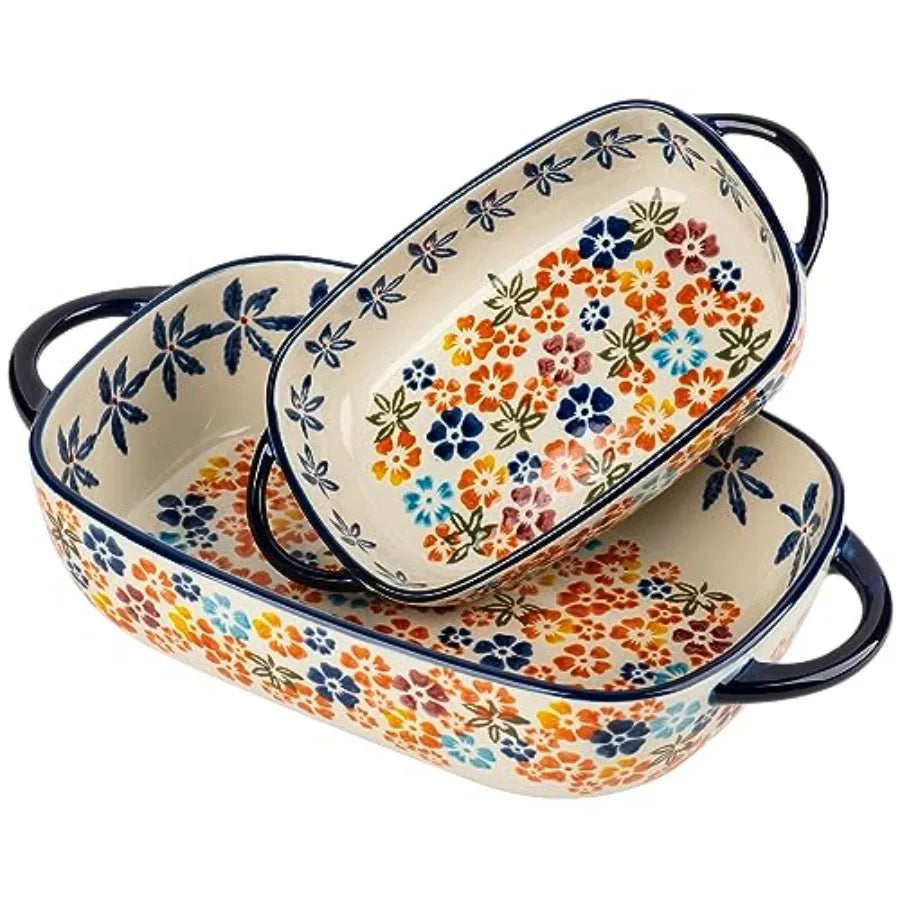 Retro pastoral style Ceramic Baking Dish Rectangular Bakeware Set Baking Pan, 2-piece Hand-painted Porcelain Baking pan with ha