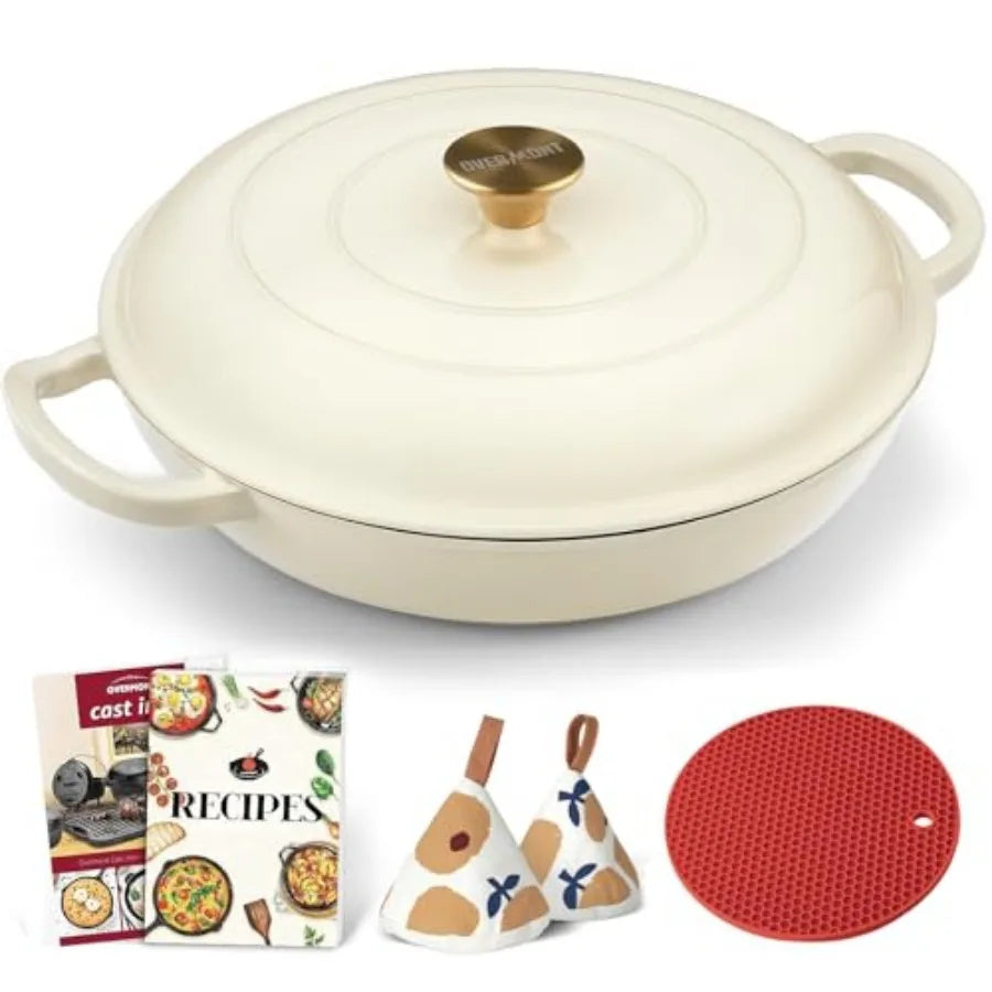 Enameled Cast Iron Dutch Oven - 3.8 Quart Dutch Oven Pot with Lid - Shallow Cookware Braising Pan - Cast iron Casserole with Co