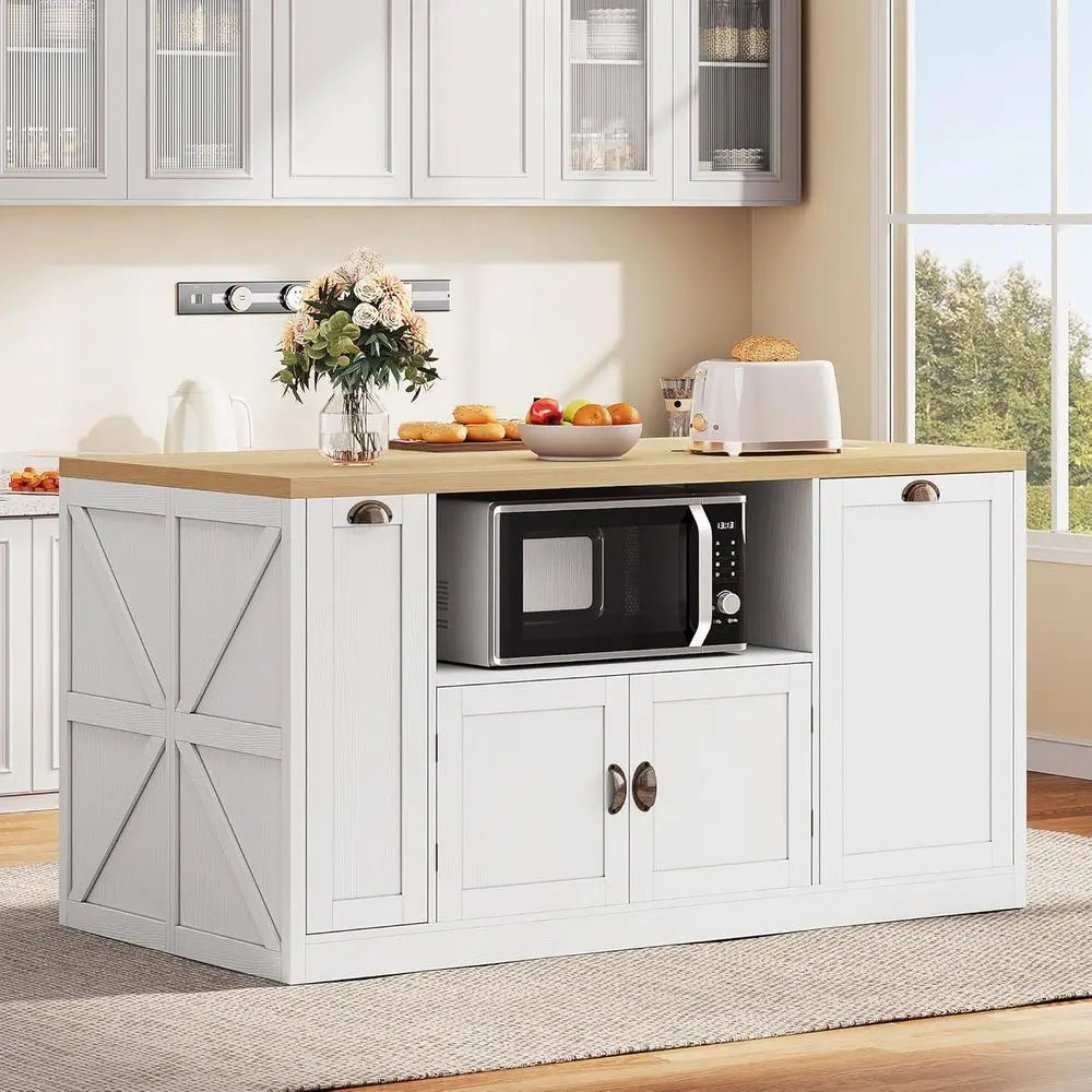 Kitchen Island with Storage, 63" W Large Island Table with Trash Can, armhouse Kitchen Islands with Power Outlet/LED, Rolling Ca