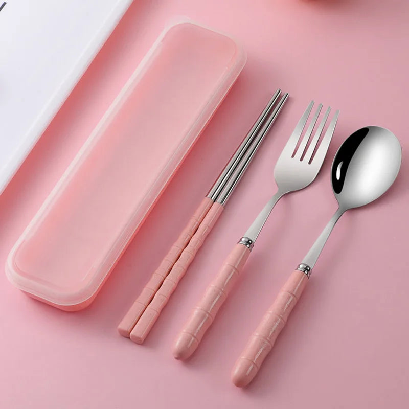 3pcs Set Stainless Steel Portable Fork Spoon Chopstick Student Cutlery Set with Box Travelling Dinnerware Set