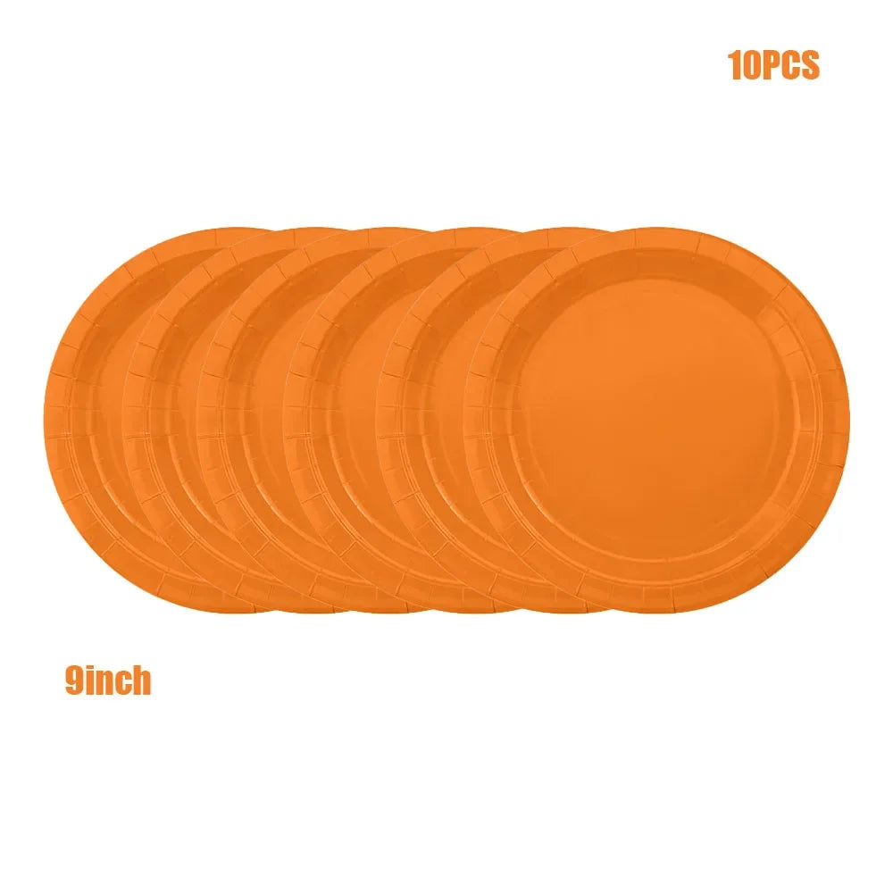 Solid Orange Disposable Tableware Set Paper Plates Cups Napkins Tablecloth For Fall Thanksgiving Halloween Birthday Party Decor